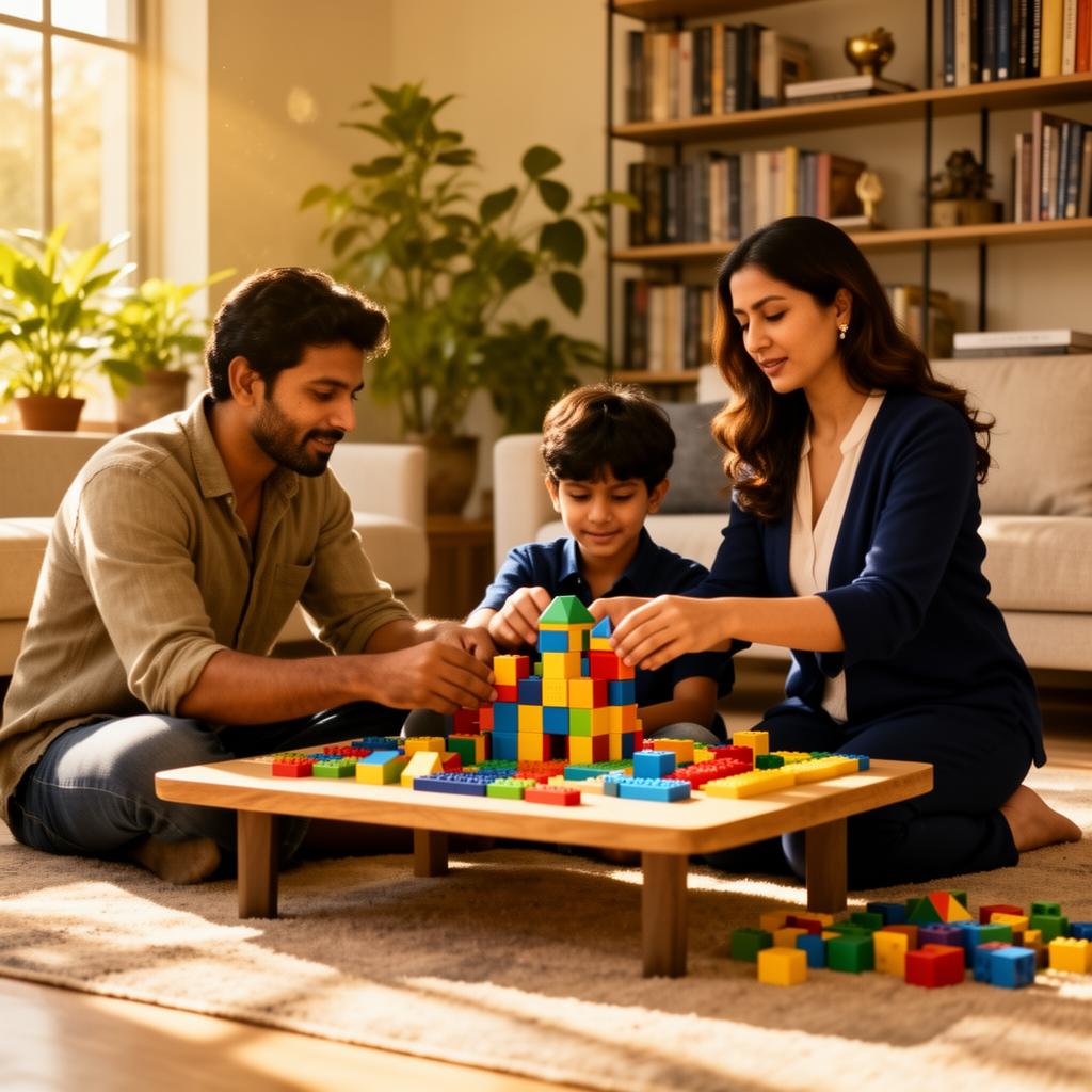 Progressive North Indian family doing hands-on maths activities together at home