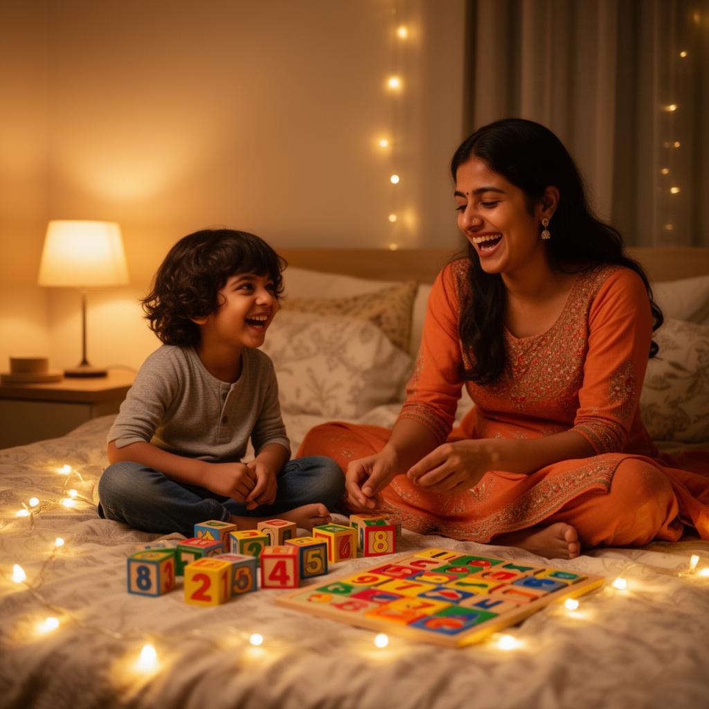 Indian mother and child laughing together on a cosy bed playing with number blocks at bedtime