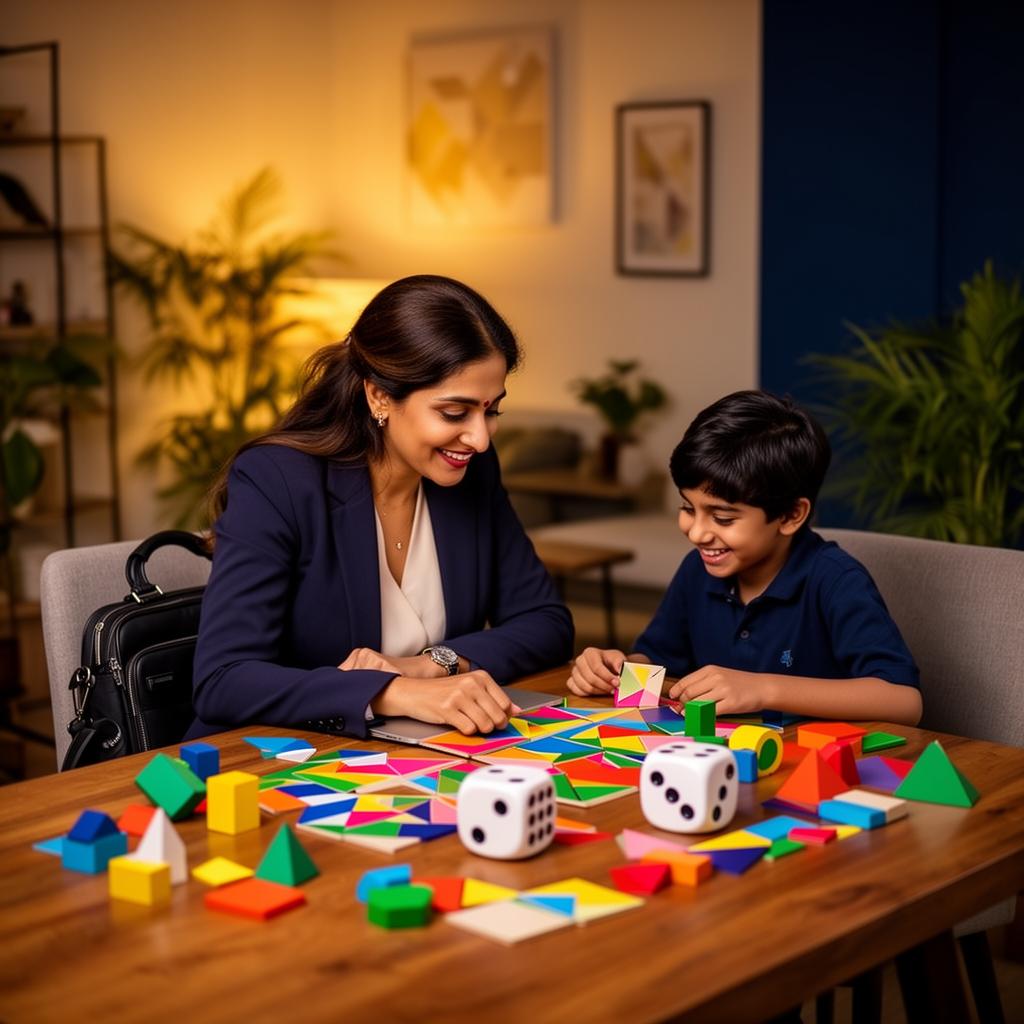 Busy professional Indian parent engaging with their child in a short maths moment
